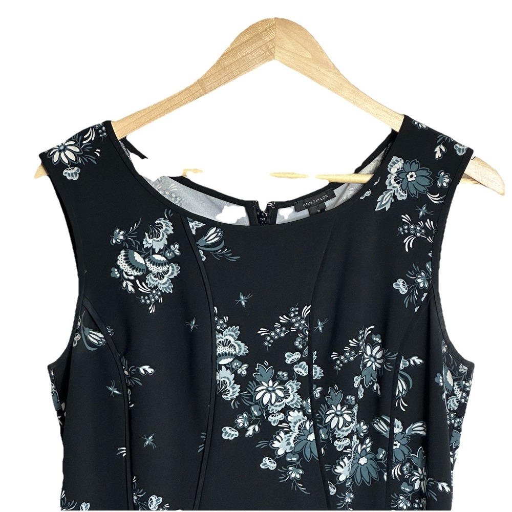 Ann Taylor Black Floral Midi Dress Women's Sz 10 Sleeveless Zip Up Round Neck - Picture 4 of 8